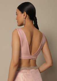 Peach Organza Tissue Saree With Bead Work And Unstitched Blouse Piece
