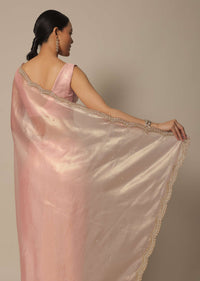 Peach Organza Tissue Saree With Bead Work And Unstitched Blouse Piece