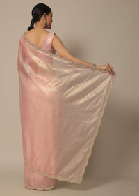 Peach Organza Tissue Saree With Bead Work And Unstitched Blouse Piece