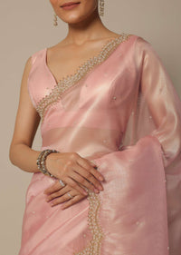 Peach Organza Tissue Saree With Bead Work And Unstitched Blouse Piece