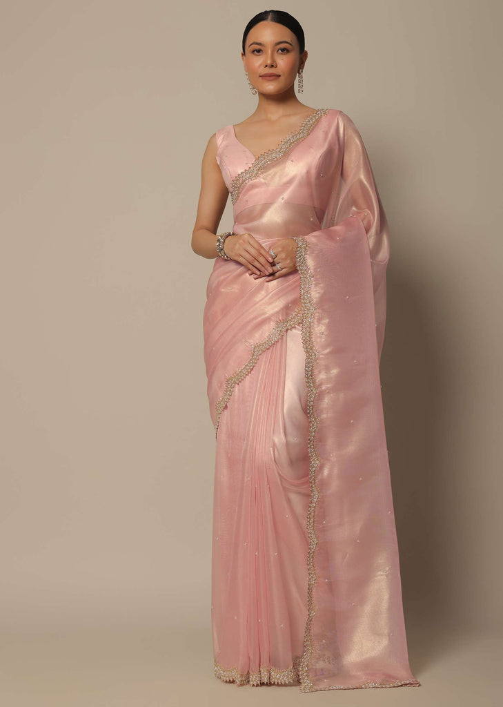 Peach Organza Tissue Saree With Bead Work And Unstitched Blouse Piece
