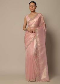 Peach Organza Tissue Saree With Bead Work And Unstitched Blouse Piece