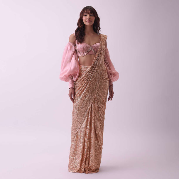 Peach Pink Pre Stitched Cocktail Saree In Sequins With Rushing Blouse