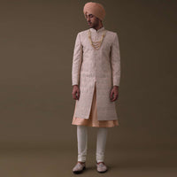 Peach Pink Sherwani Set In Tussar With Cut Dana And Thread Work