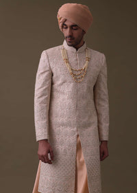 Peach Pink Sherwani Set In Tussar With Cut Dana And Thread Work