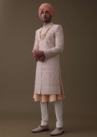 Peach Pink Sherwani Set In Tussar With Cut Dana And Thread Work