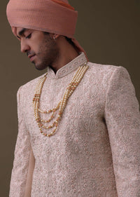 Peach Pink Sherwani Set In Tussar With Cut Dana And Thread Work