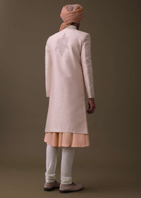 Peach Pink Sherwani Set In Tussar With Cut Dana And Thread Work