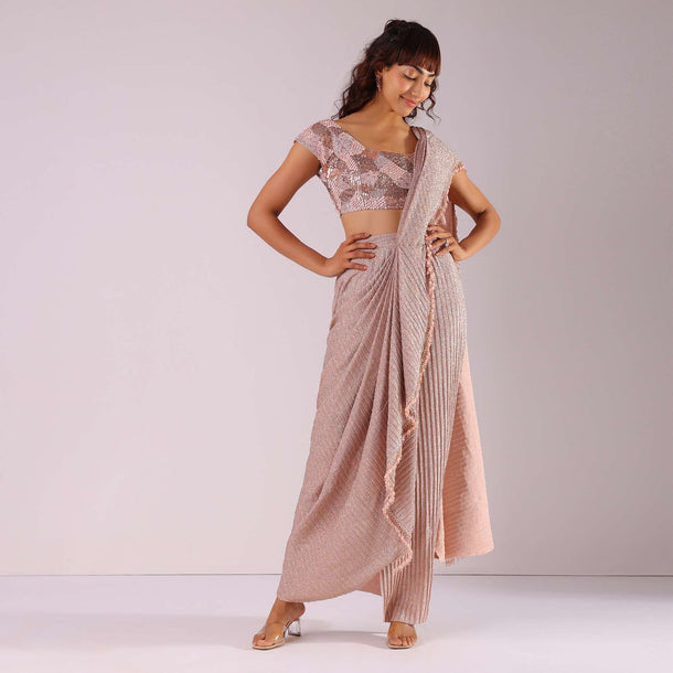 Peach Pink Ready-To-Wear Saree With Fully Embroidered Blouse In Foil Knit