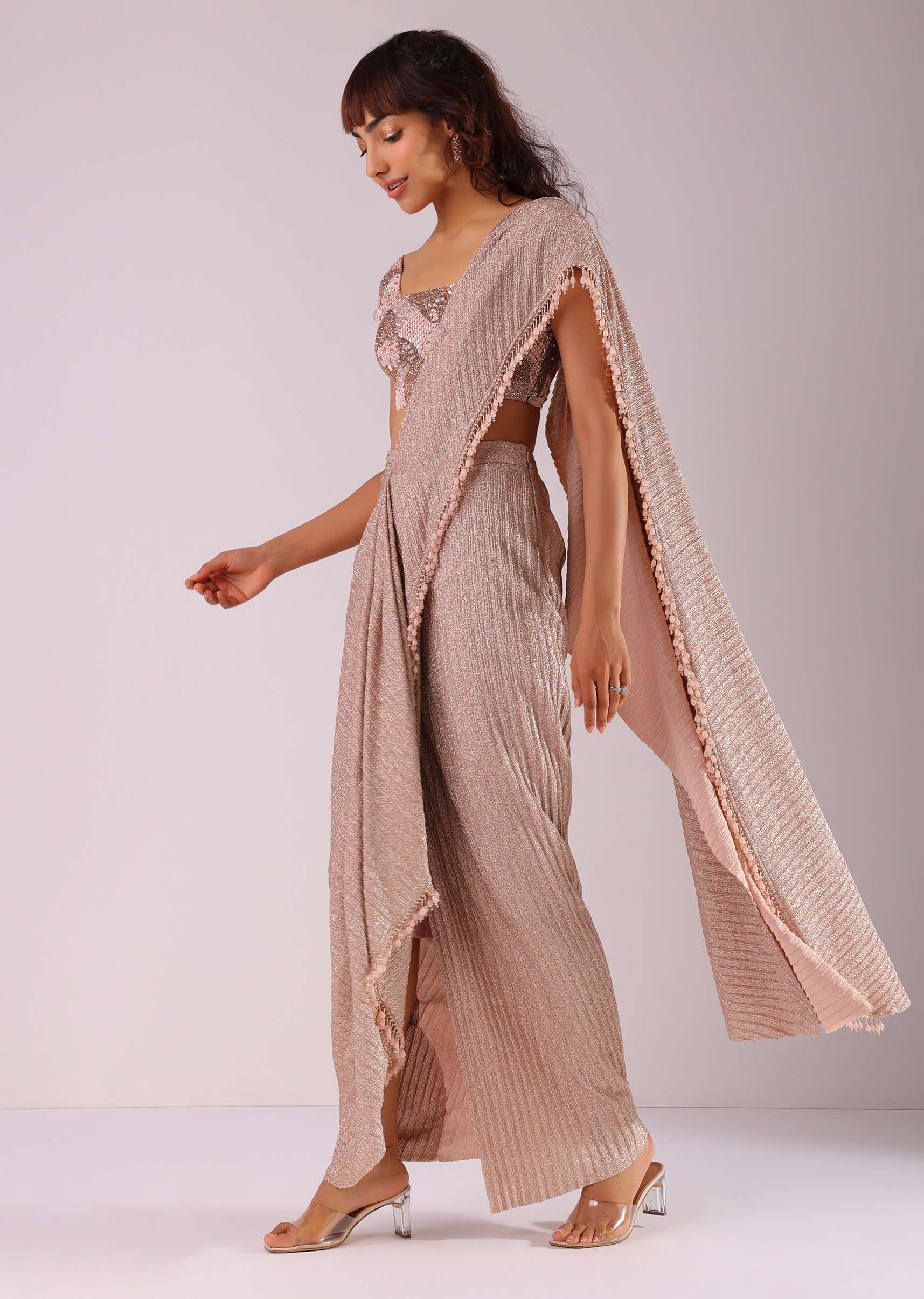 Peach Pink Ready-To-Wear Saree With Fully Embroidered Blouse In Foil Knit