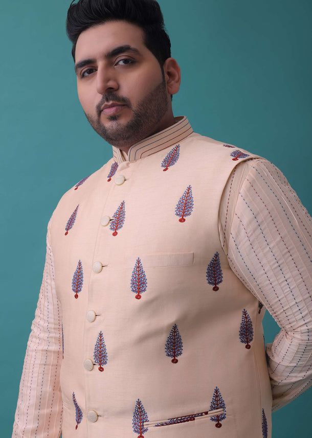Peach Pink Art Silk Jacket Kurta Set With Threadwork