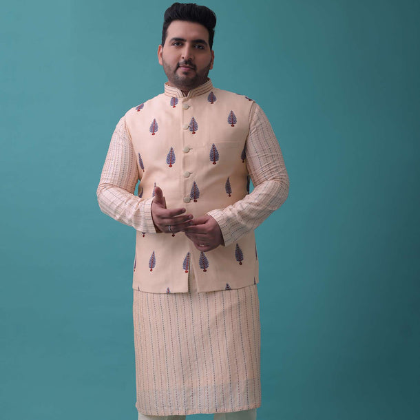 Peach Pink Art Silk Jacket Kurta Set With Threadwork