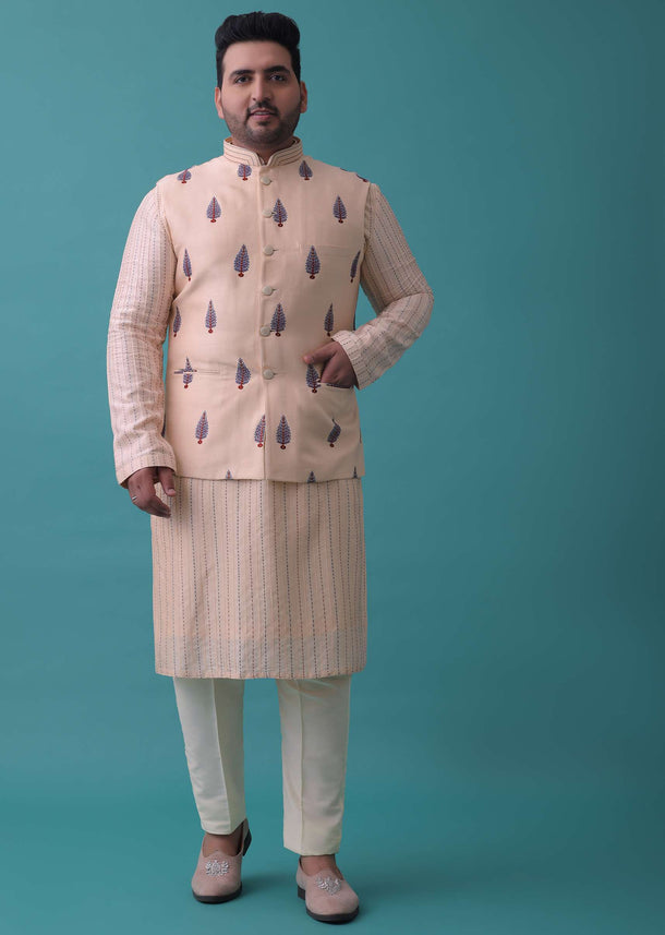 Peach Pink Art Silk Jacket Kurta Set With Threadwork