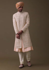 Peach Pink Sherwani Set In Silk With Resham And Cut Dana Work