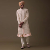 Peach Pink Sherwani Set In Silk With Resham And Cut Dana Work