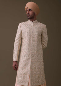 Peach Pink Sherwani Set In Silk With Resham And Cut Dana Work