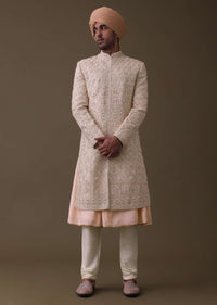 Peach Pink Sherwani Set In Silk With Resham And Cut Dana Work