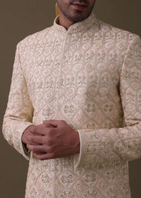 Peach Pink Sherwani Set In Silk With Resham And Cut Dana Work