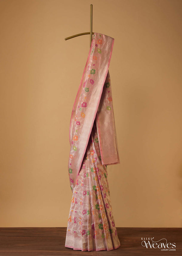 Peach Pink Banarasi Saree With Kadhava Jaal Weave And Meenakari Work In Katan Silk