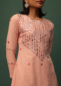 Peach Pink Cotton Kurta And Leggings Set With Mirror Work