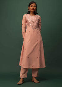 Peach Pink Cotton Kurta And Leggings Set With Mirror Work