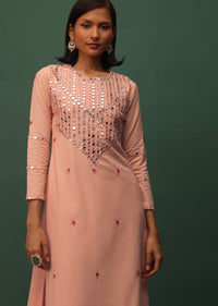 Peach Pink Cotton Kurta And Leggings Set With Mirror Work