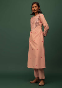 Peach Pink Cotton Kurta And Leggings Set With Mirror Work