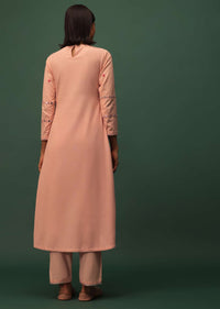 Peach Pink Cotton Kurta And Leggings Set With Mirror Work