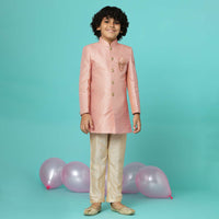 Peach Pink Embroidered Sherwani Jacket And Pant Set In Silk