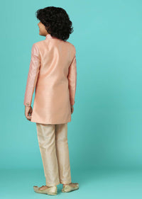 Peach Pink Embroidered Sherwani Jacket And Pant Set In Silk