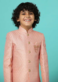 Peach Pink Embroidered Sherwani Jacket And Pant Set In Silk