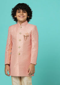 Peach Pink Embroidered Sherwani Jacket And Pant Set In Silk