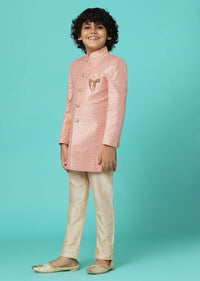 Peach Pink Embroidered Sherwani Jacket And Pant Set In Silk