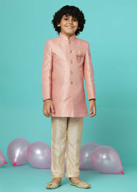 Peach Pink Embroidered Sherwani Jacket And Pant Set In Silk