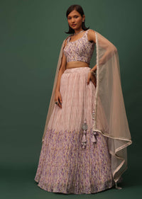 Peach Pink Embroidered Lehenga Set In Silk With Floral Print