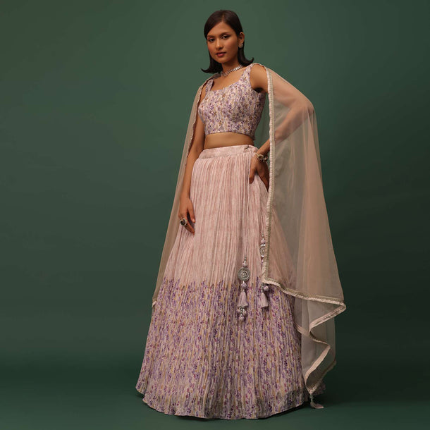 Peach Pink Embroidered Lehenga Set In Silk With Floral Print