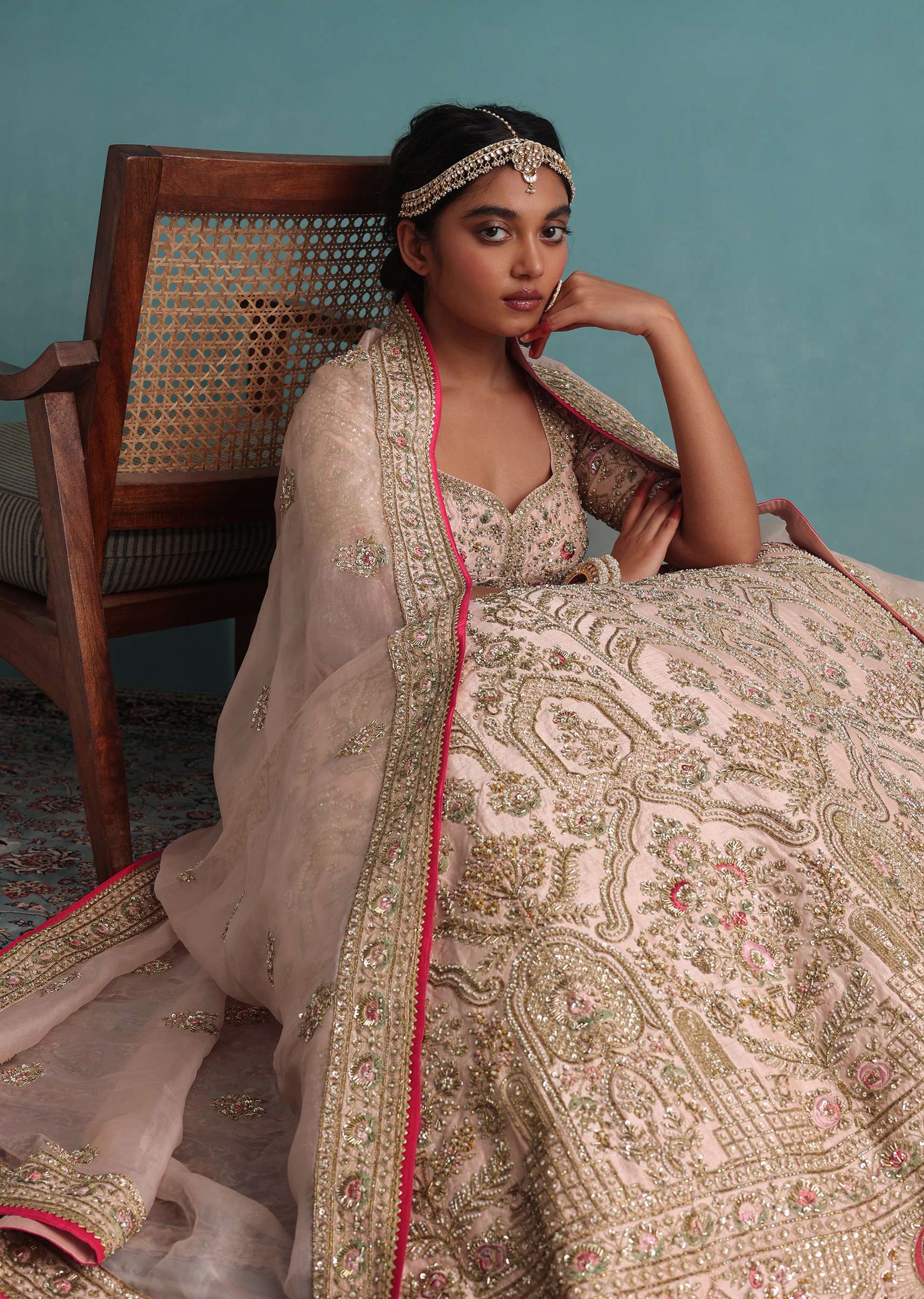 Peach Pink Embroidered 12 Kali Bridal Lehenga With Embroidered Belt In Raw Silk