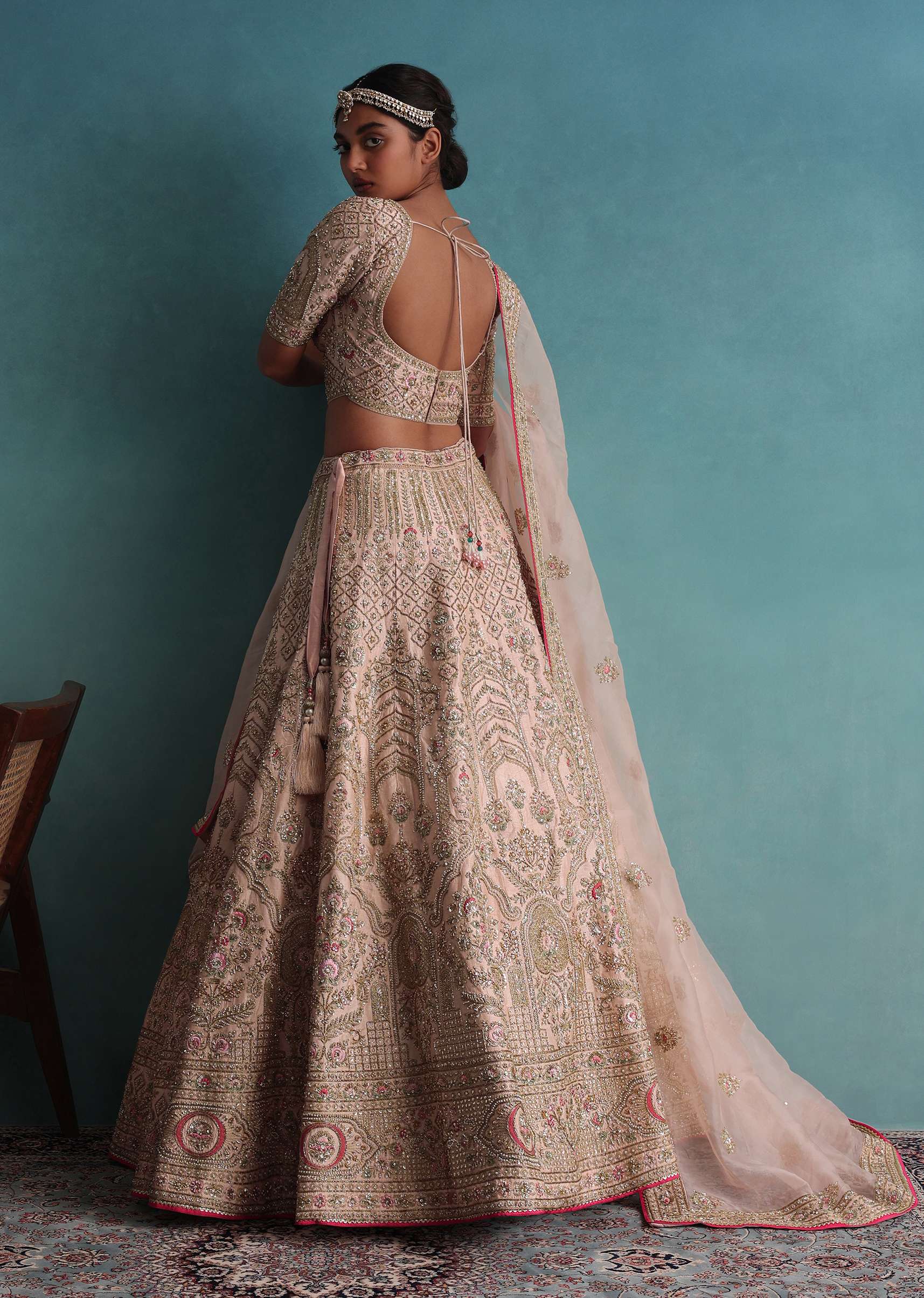 Peach Pink Embroidered 12 Kali Bridal Lehenga With Embroidered Belt In Raw Silk