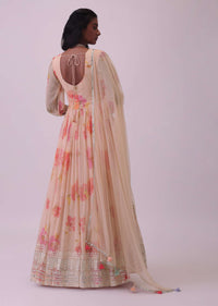 Peach Pink Embroidered Anarkali Set In Georgette With Floral Print