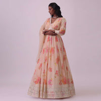 Peach Pink Embroidered Anarkali Set In Georgette With Floral Print