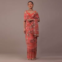 Peach Pink Floral Printed Saree In Organza With Cut Dana Butti All Over