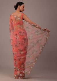 Peach Pink Floral Printed Saree In Organza With Cut Dana Butti All Over