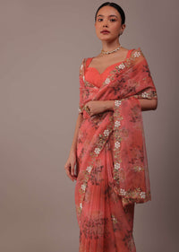 Peach Pink Floral Printed Saree In Organza With Cut Dana Butti All Over