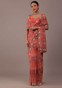 Peach Pink Floral Printed Saree In Organza With Cut Dana Butti All Over