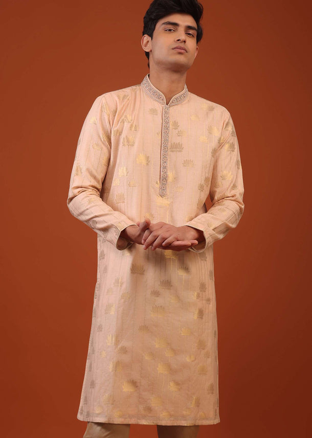 Peach Pink Floral Weave Silk Kurta Set