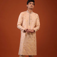 Peach Pink Floral Weave Silk Kurta Set