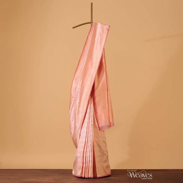 Peach Pink Handloom Banarasi Saree In Soft Silk With An Unstitched Blouse