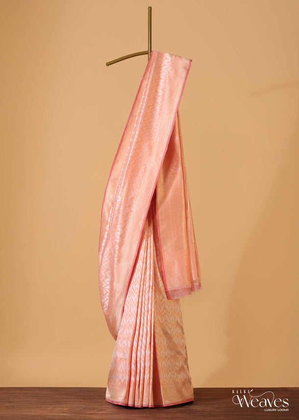 Peach Pink Handloom Banarasi Saree In Soft Silk With An Unstitched Blouse