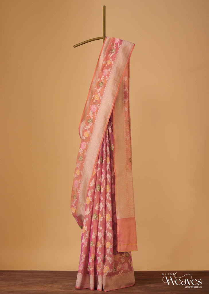 Peach Pink Handloom Banarasi Saree In Kora Silk With Meenakari Weave And Unstitched Blouse