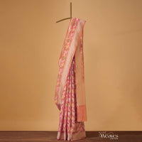 Peach Pink Handloom Banarasi Saree In Kora Silk With Meenakari Weave And Unstitched Blouse